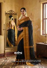 Jet Black - Karthigai Silk Cotton Rettapetta and Classic Temple Border - Best for Gifting