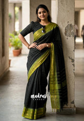 Ebony Black - Karthigai silk cotton multi border with stripes body - Best for Temple Vist
