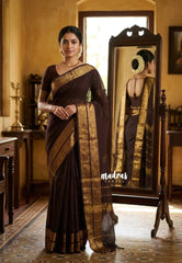 Coffee Brown - Karthigai silk cotton plain body annam yanai double border