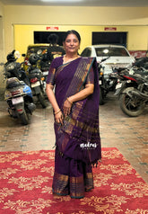 Royal Purple - Karthigai Silk Cotton Saree with Annam and Rudraksham Border - Best for Festive Wear
