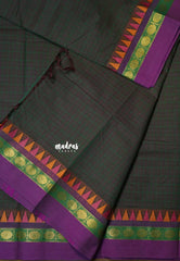 Dualshade blackish green - Karthigai silk cotton muthu kattam checks saree Rudraksham with Temple Border - Best for Festive Wear