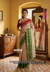 Karthigai silk cotton Rudhraksham Ganga Jamuna border - Beige color