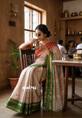 Karthigai silk cotton Rudhraksham Ganga Jamuna border - Beige color