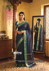 Midnight Blue - Karthigai Silk Cotton saree with Stripes Weaving - Best for Festive Wear