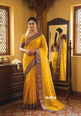 Marigold Yellow - Karthigai silk cotton Plain Body with Stripes in border - Best for Small Functions