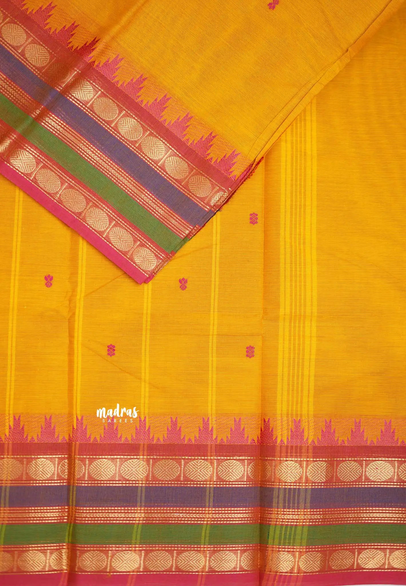 Karthigai silk cotton multicolor rudraksham border -Mustard yellow - Madras Sarees