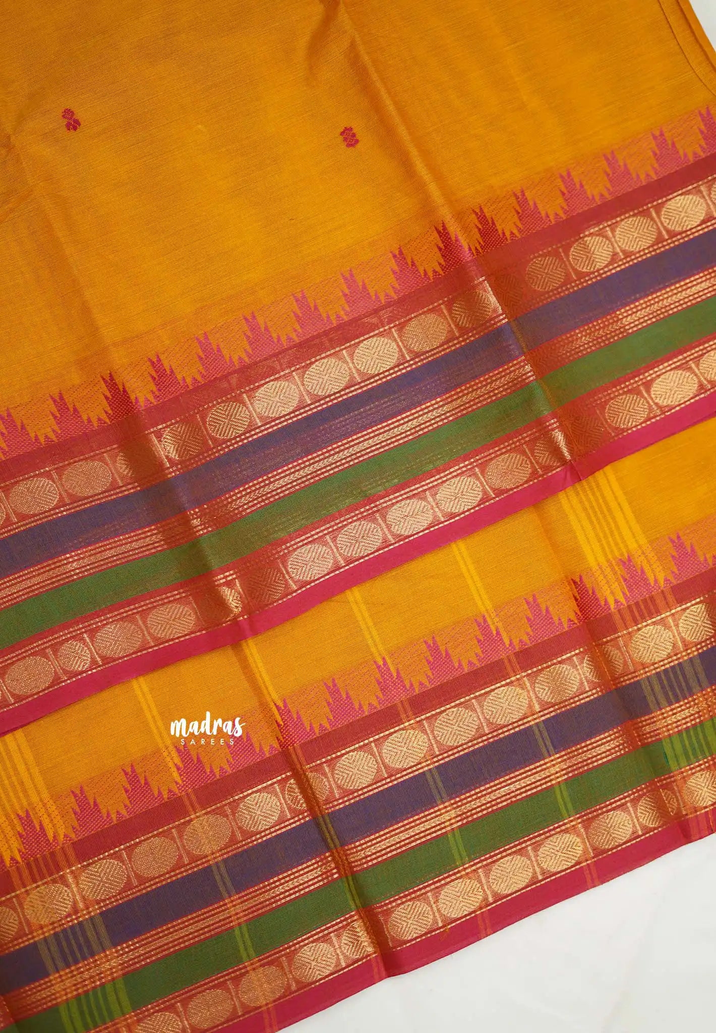 Karthigai silk cotton multicolor rudraksham border -Mustard yellow - Madras Sarees