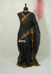 Jet Black - Karthigai silk cotton with golden stripes weaving - Best for Small Functions