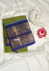Mehendi Olive - Karthigai silk cotton plain body annam yanai double border - Best for Wedding Functions