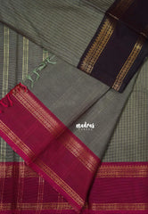 Pepple Grey - Karthigai Mercerised Cotton Saree Zari Stripes with Ganaga Jamuna Border - Best for Temple Visit | Pooja Funtions