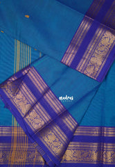 Peacock Blue - Karthigai Mercerised cotton Rettapet Rudraksham, Mayil Border and Buttas - Best for Pooja Functions