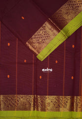 Coffee Brown - Karthigai Mercerised Cotton Body Mango Border with Buttas - Best for Temple Visit