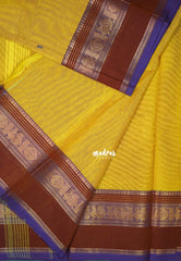 Lemon Yellow - Karthigai Mercerised cotton Multiline with Mayil Border and Buttas - Best for Pooja Functions