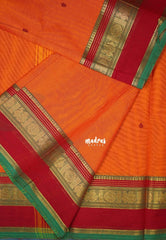 Orange - Karthigai Mercerised cotton Multiline with Mayil Border and Buttas - Best for Pooja Functions