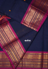 Navy Blue & Pink - Karthigai Mercerised cotton buttas with mango and floral border - Best for Wedding Functions
