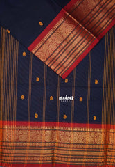 Navy Blue & Red - Karthigai Mercerised cotton buttas with mango and floral border - Best for Wedding Functions