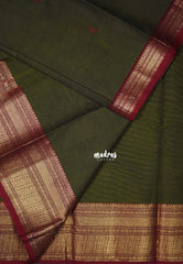 Dark Olive Green - Karthigai Mercerised Cotton Getti zari with Stripes in Border and Buttas - Best for Pooja Wear | Festive Wear