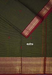 Dark Olive Green - Karthigai Mercerised Cotton Getti zari with Stripes in Border and Buttas - Best for Pooja Wear | Festive Wear