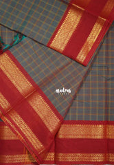 Bluish Grey - Karthigai silk cotton Big Muthu Kattam Checks with Rettapeta Border - Best for Festive Wear | Temple Visit