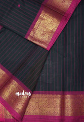 Karthigai silk cotton Stripes body vanasingaram border - Black