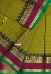Olive Green- Karthigai silk cotton stripes in body with mango and temple skirt border