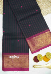 Karthigai silk cotton Stripes body vanasingaram border - Black