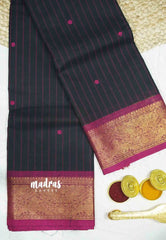 Karthigai silk cotton Stripes body vanasingaram border - Black
