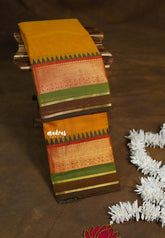 Orangish Yellow - Karthigai Silk Cotton Rudraksham and Multi Color Border - Best for Wedding Functions