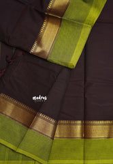 Deep Coffee Brown - Karthigai silk cotton plain saree with Rettapetta Border - Best for Wedding Functions