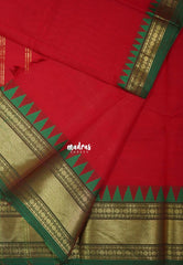 Tomato Red - Karthigai silk cotton Bavanji with Rudraksham Border - Best for Small Functions
