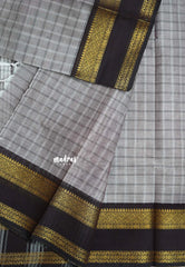 Pastel Taupe - Karthigai silk cotton Big Muthu Kattam Checks with Rettapeta Border - Best for Small Functions