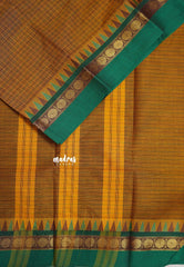Mustard Brown - Karthigai silk cotton muthu kattam checks saree Rudraksham with Temple Border - Best for Temple Visit
