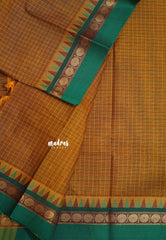 Mustard Brown - Karthigai silk cotton muthu kattam checks saree Rudraksham with Temple Border - Best for Temple Visit