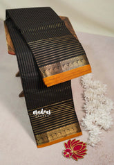 Jet Black - Karthigai silk cotton with golden stripes weaving - Best for Small Functions