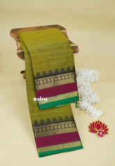 Olive Green- Karthigai silk cotton stripes in body with mango and temple skirt border