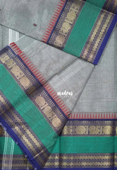 Steel Grey - Karthigai silk cotton with buttas annam small temple rettapet border - Best for Wedding Functions