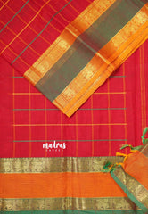 Classic Red - Premium Karthigai Silk Cotton Big Checks kattam weaving Ganga Jamuna Border - Best for Wedding Functions
