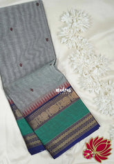 Steel Grey - Karthigai silk cotton with buttas annam small temple rettapet border - Best for Wedding Functions