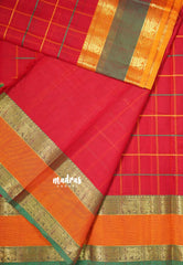 Classic Red - Premium Karthigai Silk Cotton Big Checks kattam weaving Ganga Jamuna Border - Best for Wedding Functions