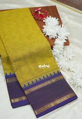 Greenish Yellow - Karthigai silk cotton rettapeta border with muthu kattam