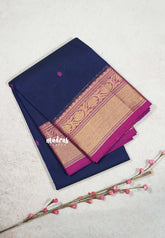 Navy Blue - Karthigai silk cotton Bavanji and Flower border with buttas