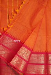 Sunset Orange - Karthigai silk cotton plain body annam yanai double border - Best for Wedding Functions