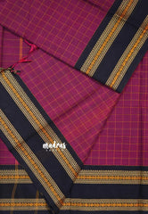 Beet Pink - Karthigai silk cotton Big Muthu Kattam Checks with Thread Weaving Rettapeta Border - Best for Festive Wear | Temple Visit