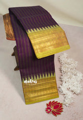 Plum Purple - Karthigai silk cotton multi border with stripes body - Best for Temple Visit