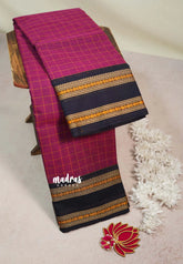 Beet Pink - Karthigai silk cotton Big Muthu Kattam Checks with Thread Weaving Rettapeta Border - Best for Festive Wear | Temple Visit
