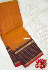 Yellowish Oragnge - Karthigai Silk Cotton Plain with Checks in Border - Best for Small Functions