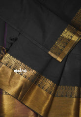 Karthigai silk cotton plain body with getti border - Black - Madras Sarees