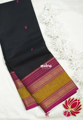 Jet Black - Karthigai Silk Cotton Buttas Rettapet Heart Border - Best for Wedding Functions