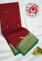 Reddish Maroon - Karthigai Silk Cotton Buttas with Rudraksham and Peacock Border - Best for Wedding Functions