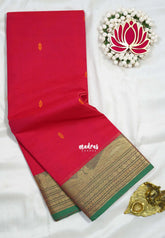 Bright Red - Karthigai Silk Cotton Buttas with Rudraksham and Peacock Border - Best for Wedding Functions